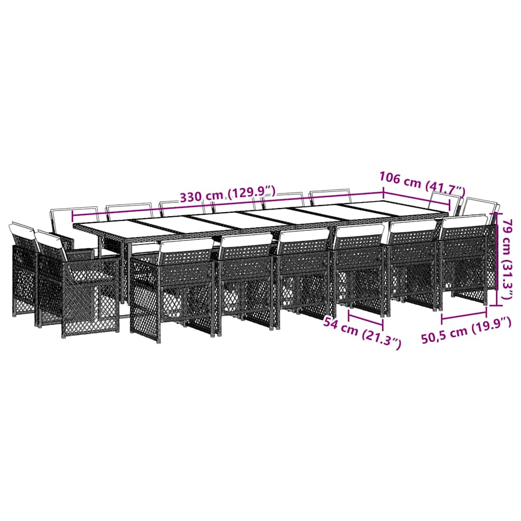 17 részes szürke polyrattan kerti étkezőgarnitúra párnával 8