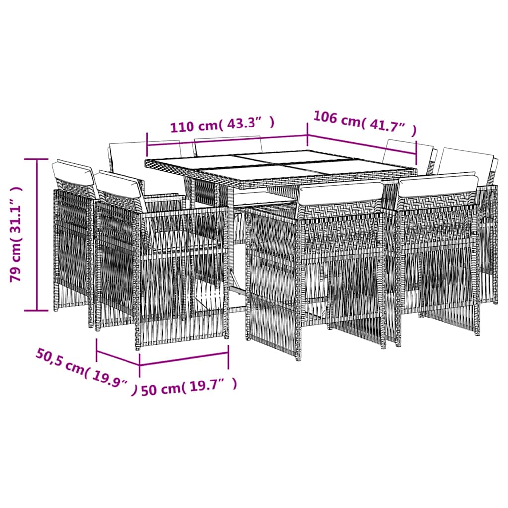 9 részes szürke polyrattan kerti étkezőgarnitúra párnával 5