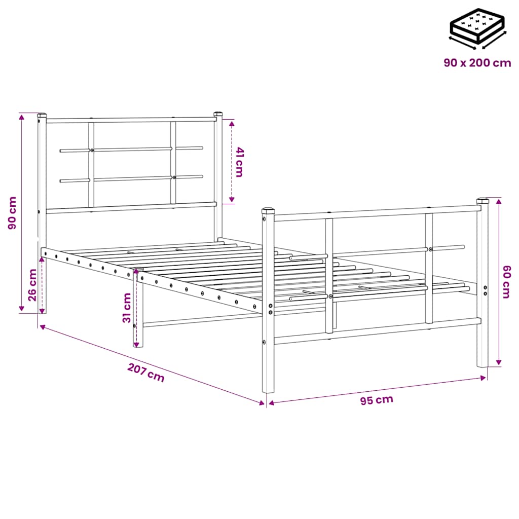 Fekete fém ágykeret fej- és lábtámlával 90 x 200 cm 10