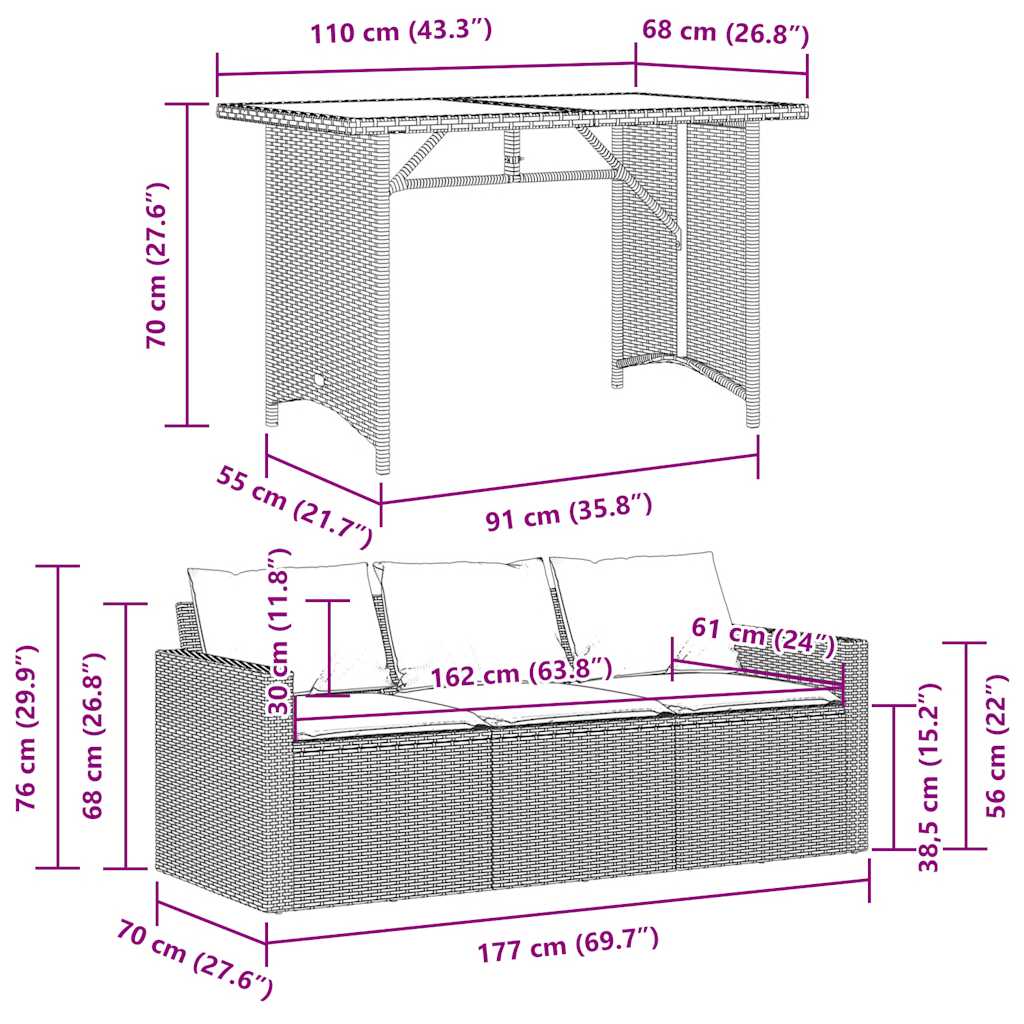 2 részes barna polyrattan kerti étkezőgarnitúra párnákkal 11