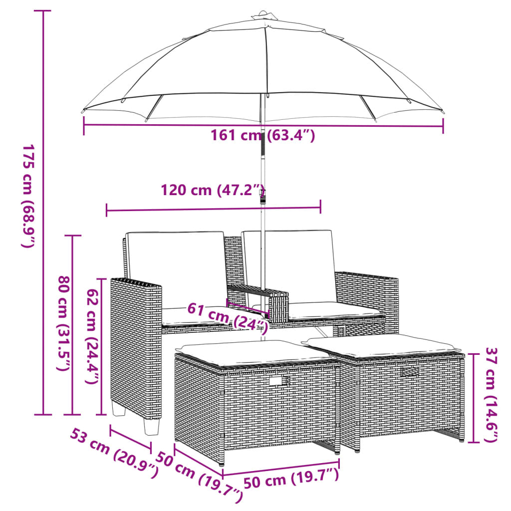 2 személyes fekete polyrattan kerti kanapé napernyővel/székkel 12