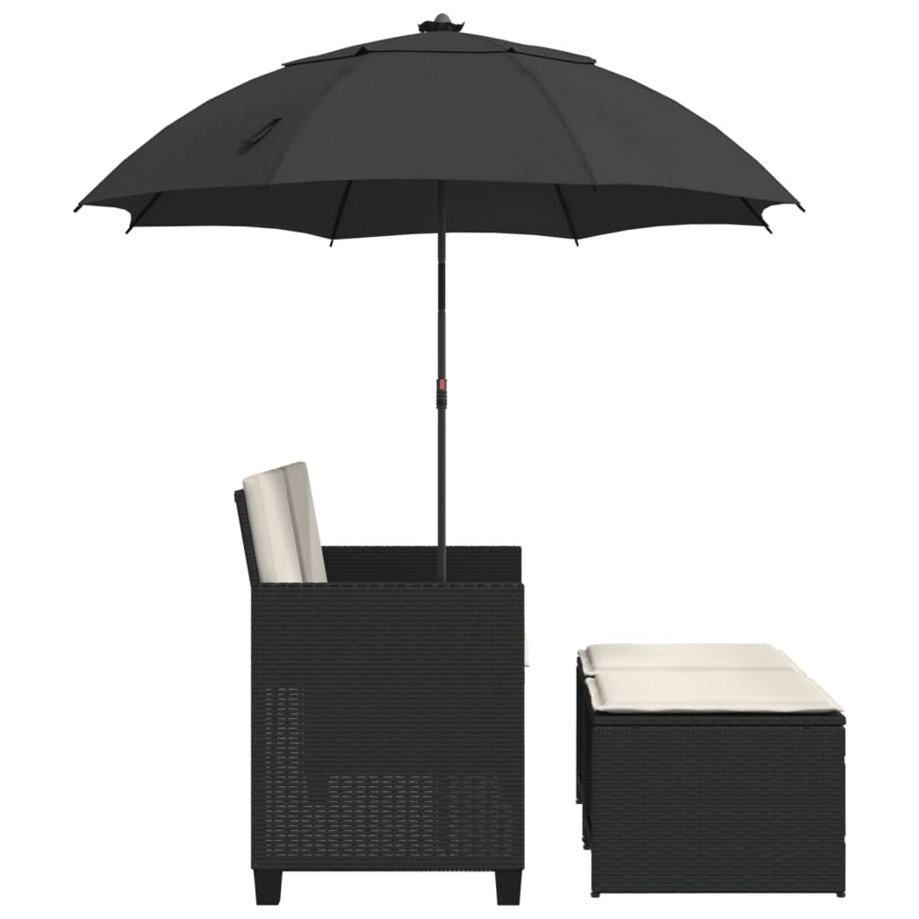 2 személyes fekete polyrattan kerti kanapé napernyővel/székkel 5