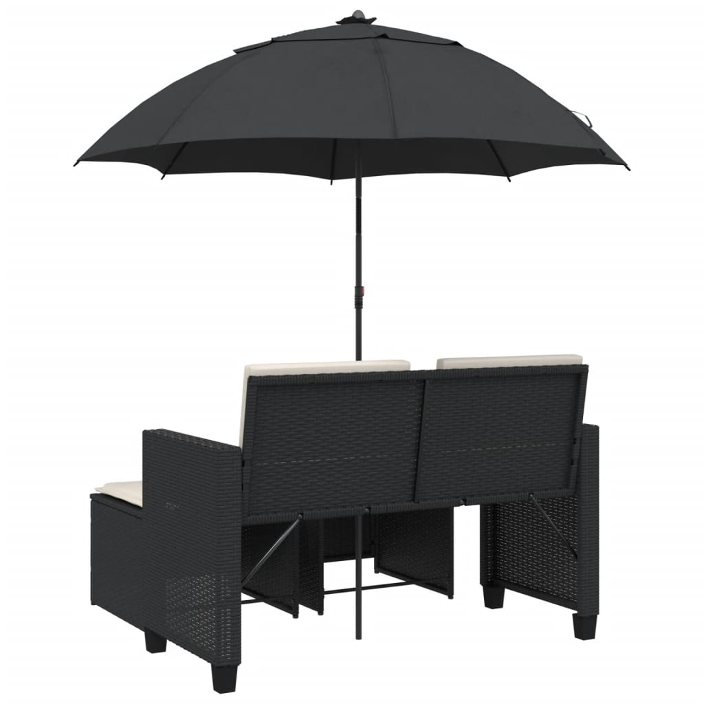 2 személyes fekete polyrattan kerti kanapé napernyővel/székkel 6