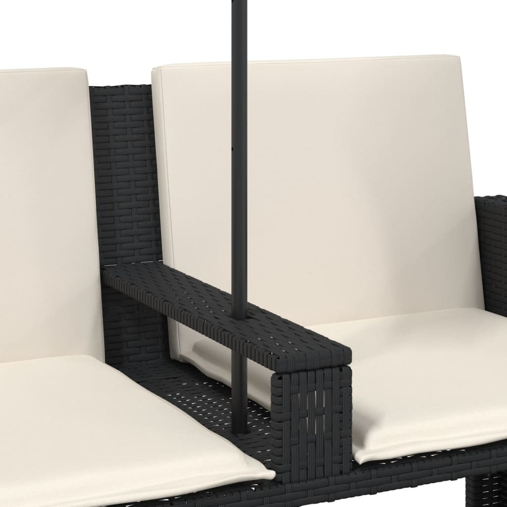 2 személyes fekete polyrattan kerti kanapé napernyővel/székkel 9