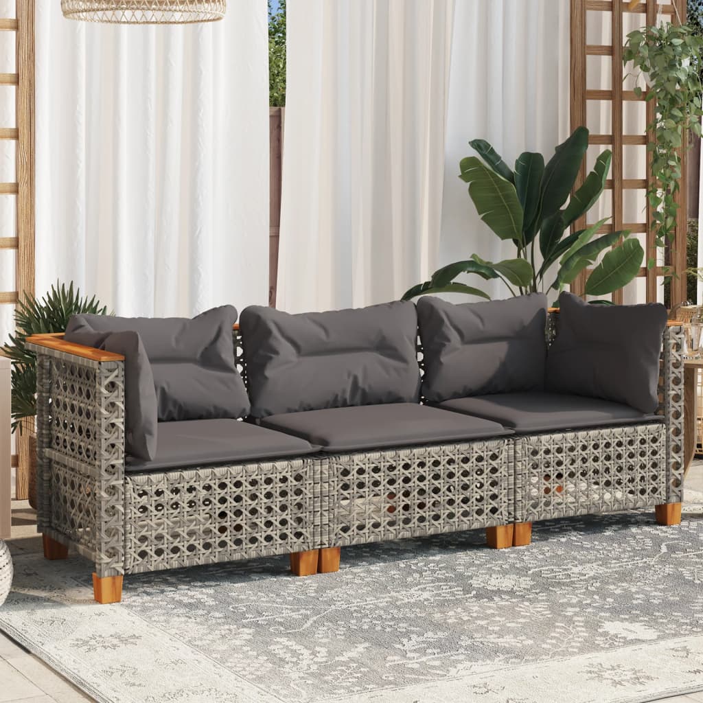 3 személyes szürke polyrattan kerti kanapé párnával 3