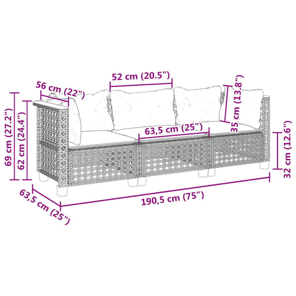 3 személyes szürke polyrattan kerti kanapé párnával 8