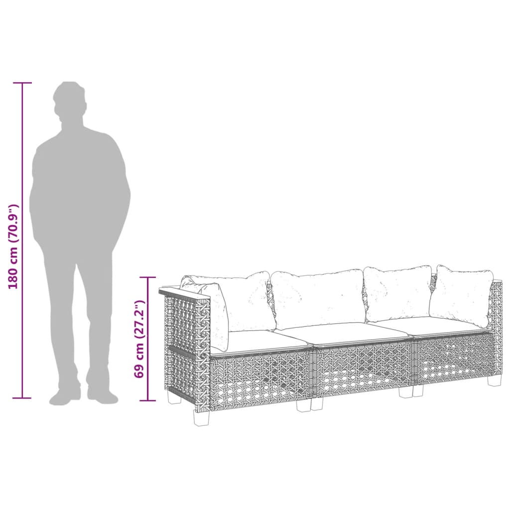 3 személyes szürke polyrattan kerti kanapé párnával 9