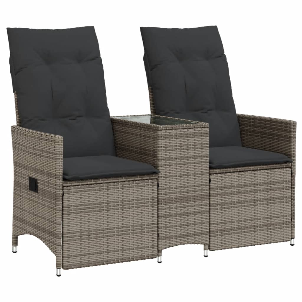2 személyes szürke polyrattan dönthető kerti kanapé asztallal 2