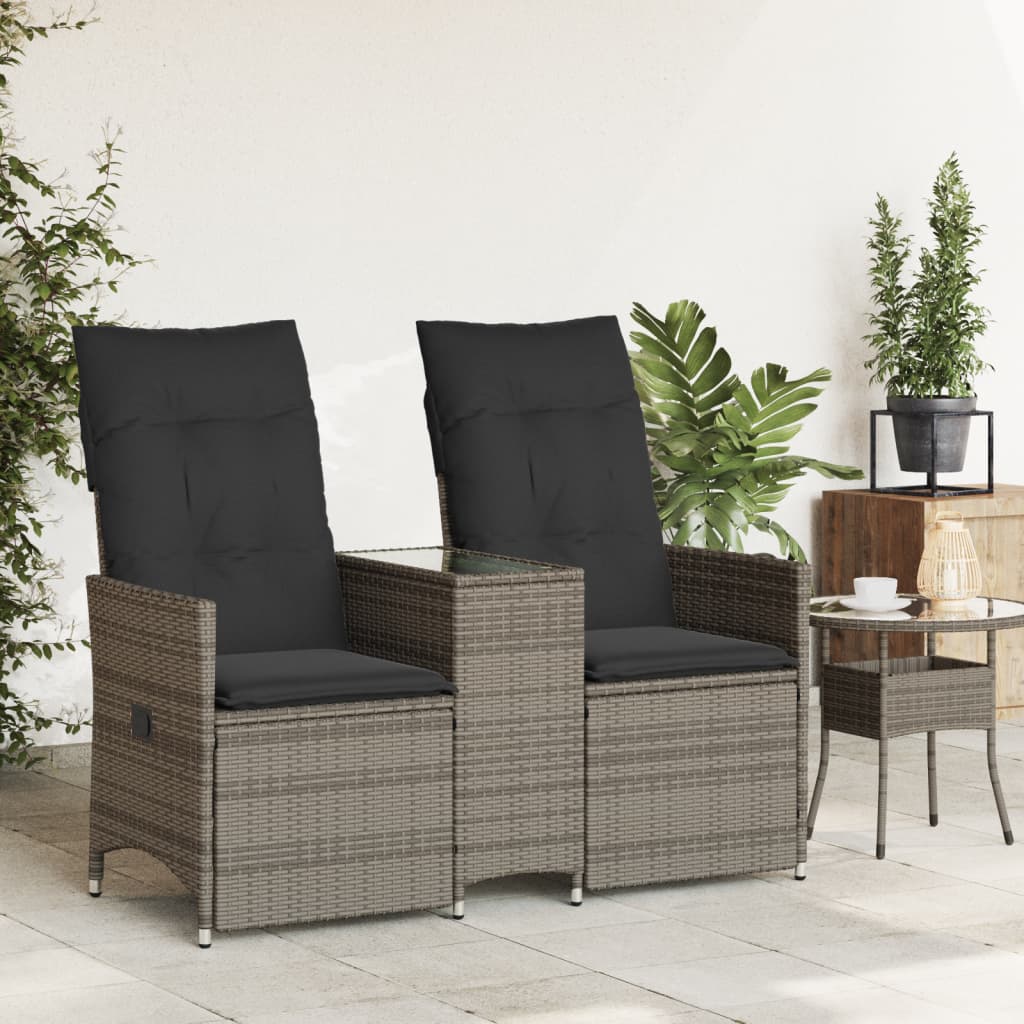 2 személyes szürke polyrattan dönthető kerti kanapé asztallal 3