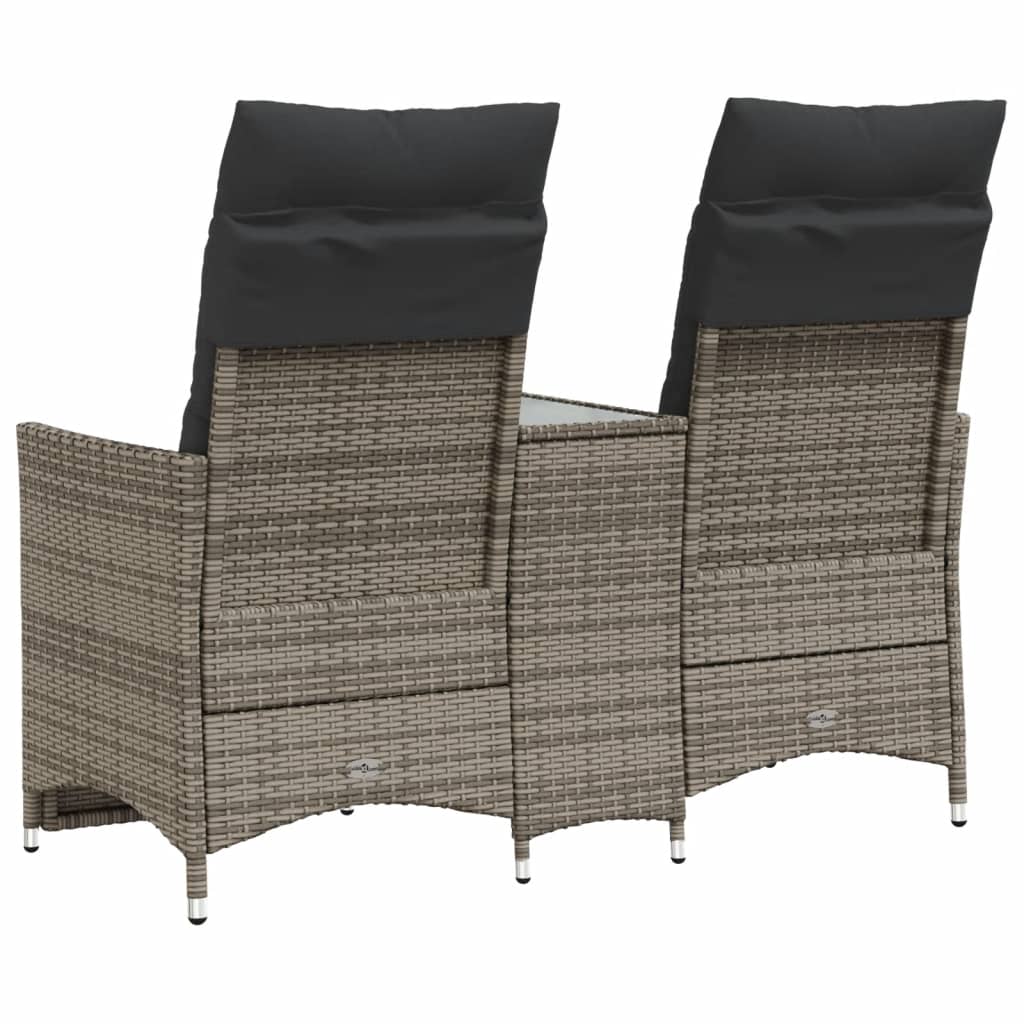 2 személyes szürke polyrattan dönthető kerti kanapé asztallal 6