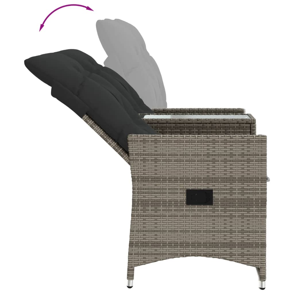 2 személyes szürke polyrattan dönthető kerti kanapé asztallal 7