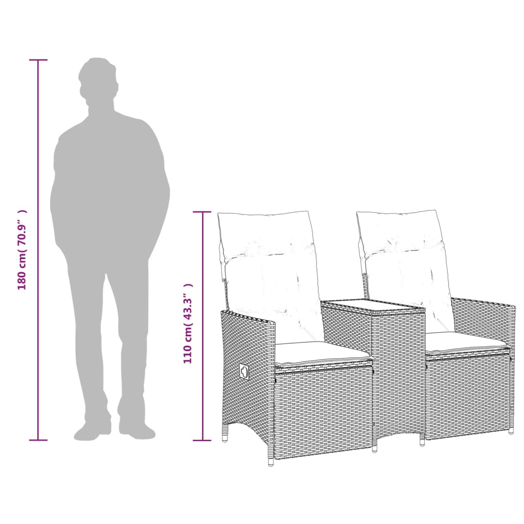 2 személyes szürke polyrattan dönthető kerti kanapé asztallal 10