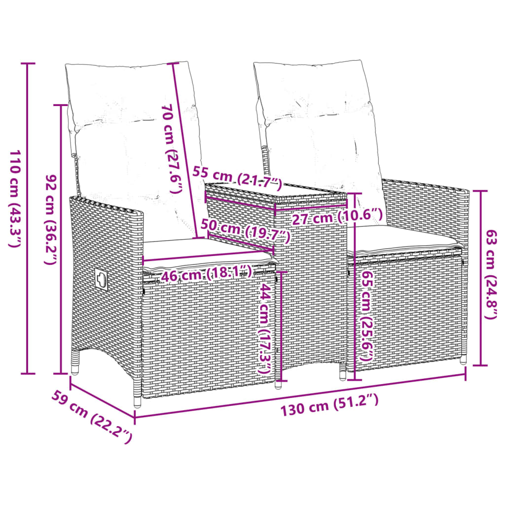 2 személyes szürke polyrattan dönthető kerti kanapé asztallal 11