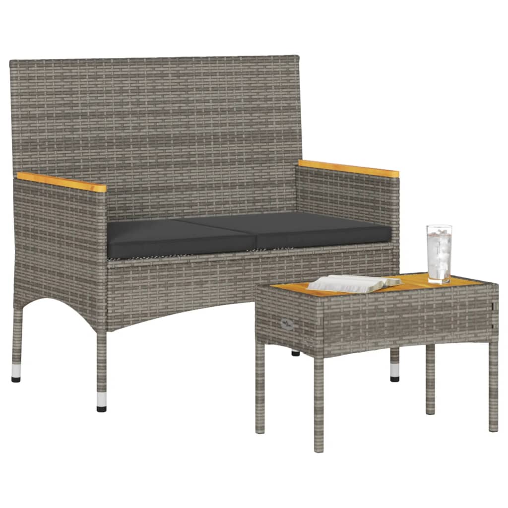 2 személyes szürke polyrattan kerti pad párnákkal és asztallal 3