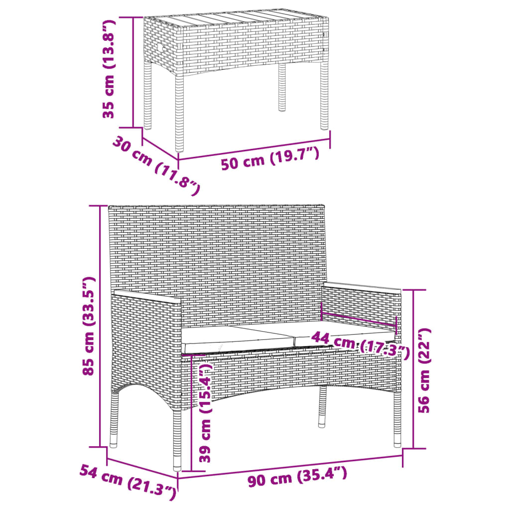 2 személyes szürke polyrattan kerti pad párnákkal és asztallal 11
