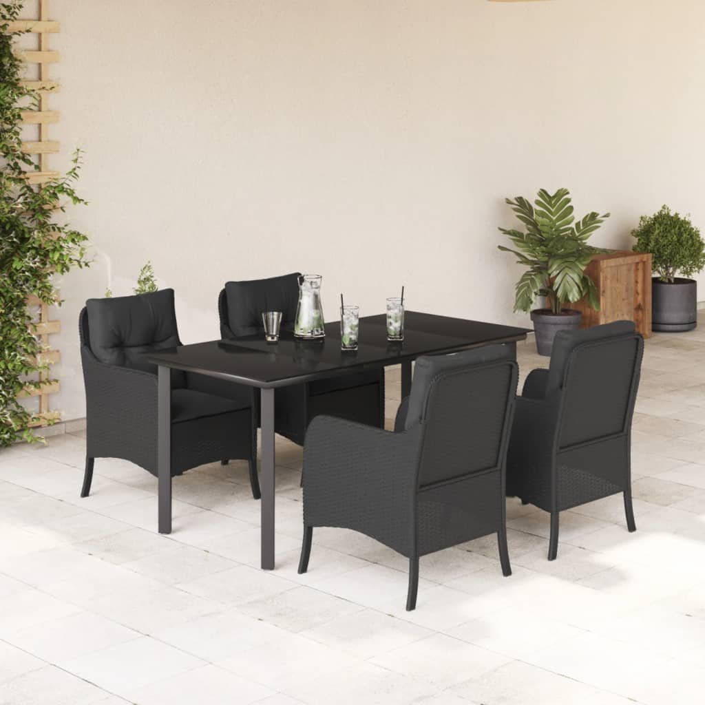 5 részes fekete polyrattan kerti étkezőgarnitúra párnákkal