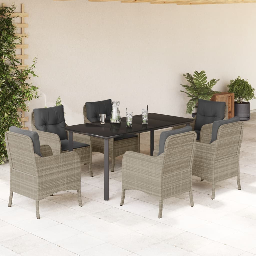 7 részes világosszürke polyrattan kerti étkezőszett párnával