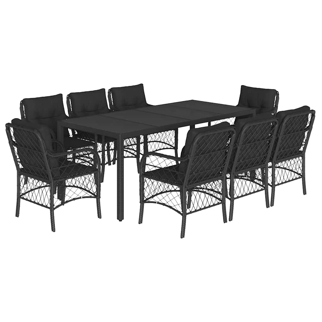 9 részes fekete polyrattan kerti étkezőgarnitúra párnákkal 2