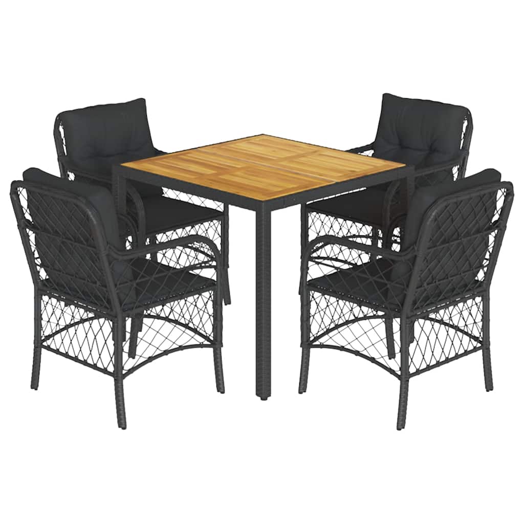 5 részes fekete polyrattan kerti étkezőgarnitúra párnákkal 2