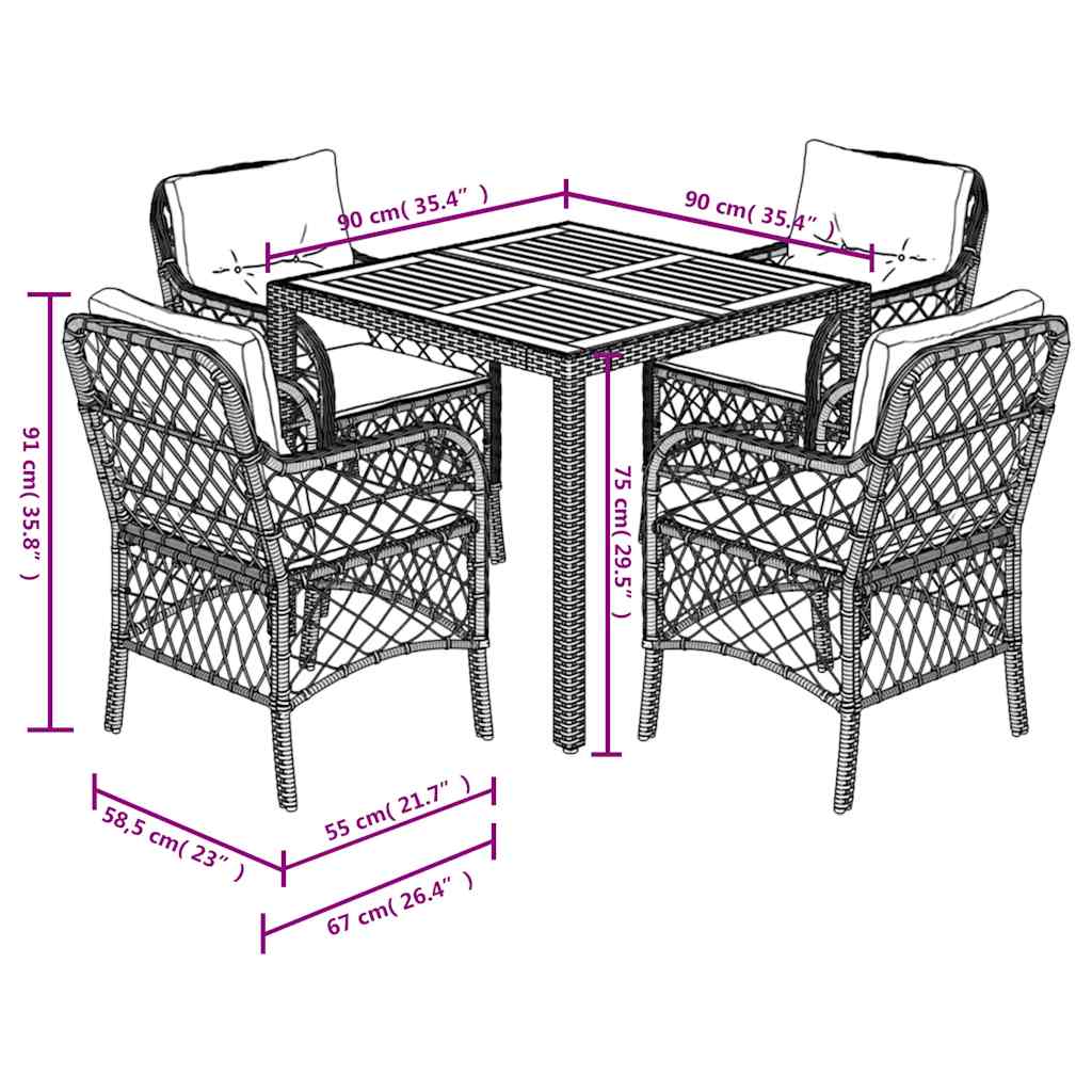 5 részes fekete polyrattan kerti étkezőgarnitúra párnákkal 7