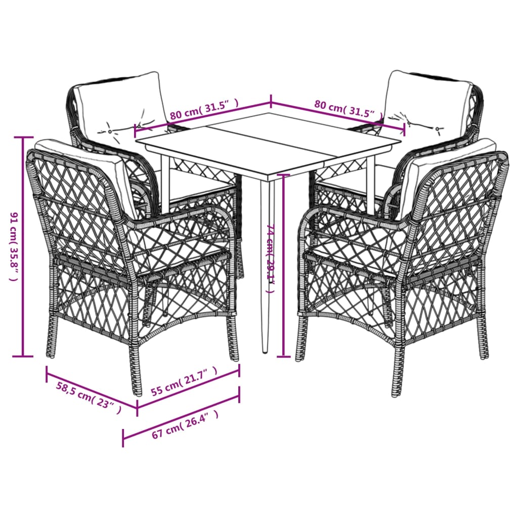 5 részes fekete polyrattan kerti étkezőgarnitúra párnákkal 7