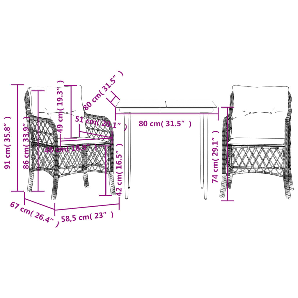 3 részes bézs polyrattan bisztrógarnitúra párnával 7