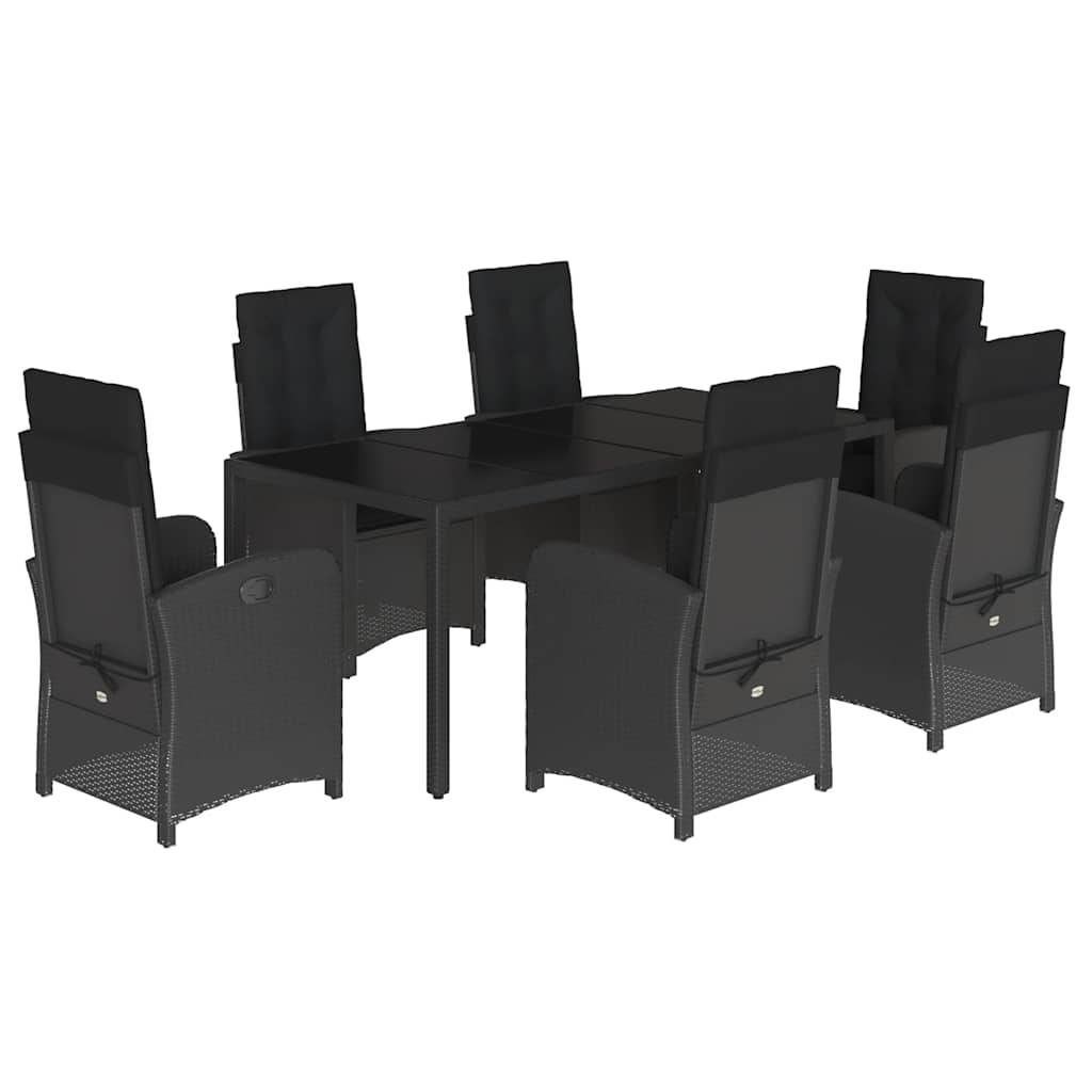 7 részes fekete polyrattan kerti étkezőgarnitúra párnával 2