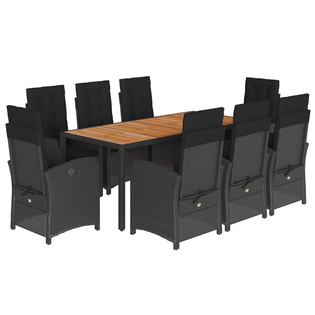9 részes fekete polyrattan kerti étkezőgarnitúra párnákkal 2