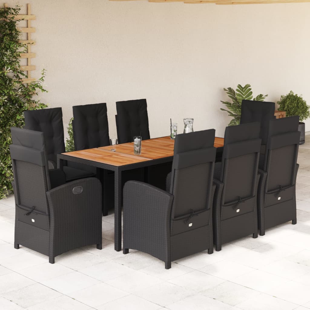 9 részes fekete polyrattan kerti étkezőgarnitúra párnákkal