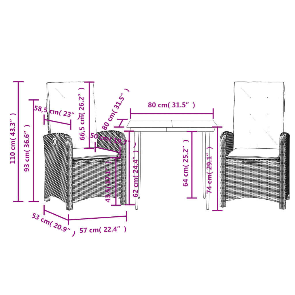 3 részes barna polyrattan kerti étkezőgarnitúra párnával 9
