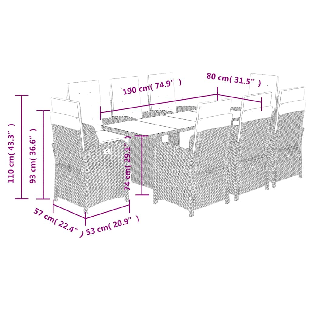 9 részes bézs polyrattan kerti étkezőgarnitúra párnákkal 9