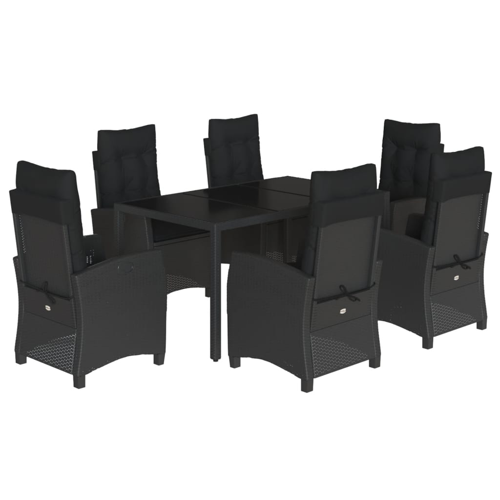 7 részes fekete polyrattan kerti étkezőgarnitúra párnával 2