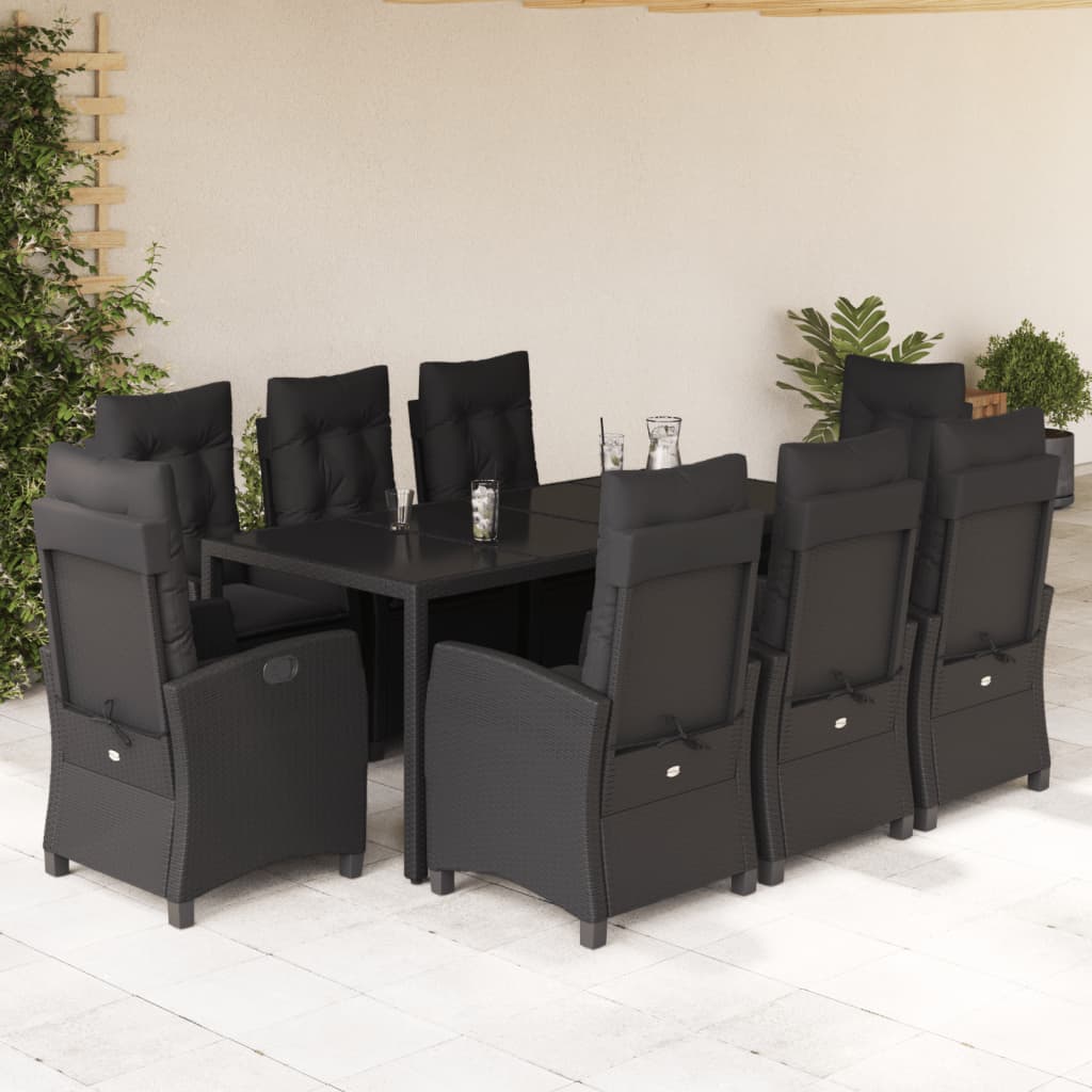9 részes fekete polyrattan kerti étkezőgarnitúra párnákkal