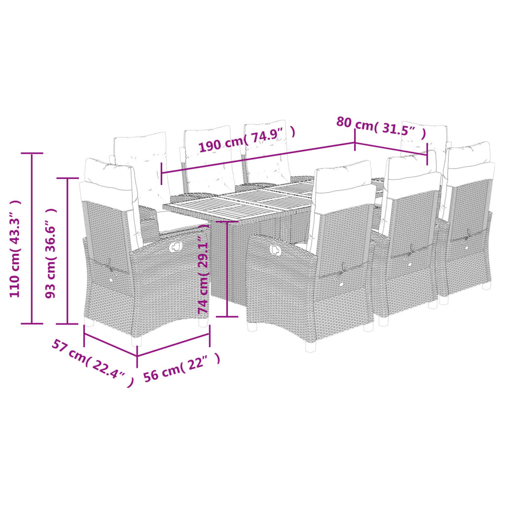 9 részes szürke polyrattan kerti étkezőgarnitúra párnával 9
