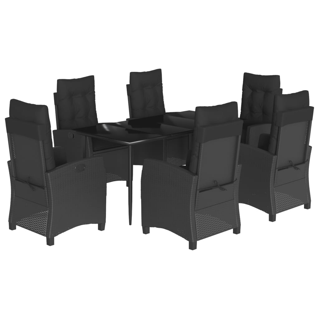 7 részes fekete polyrattan kerti étkezőgarnitúra párnával 2