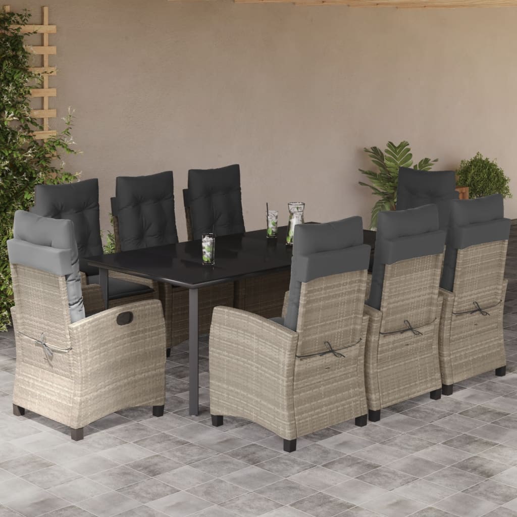 9részes világosszürke polyrattan kerti étkezőgarnitúra párnával