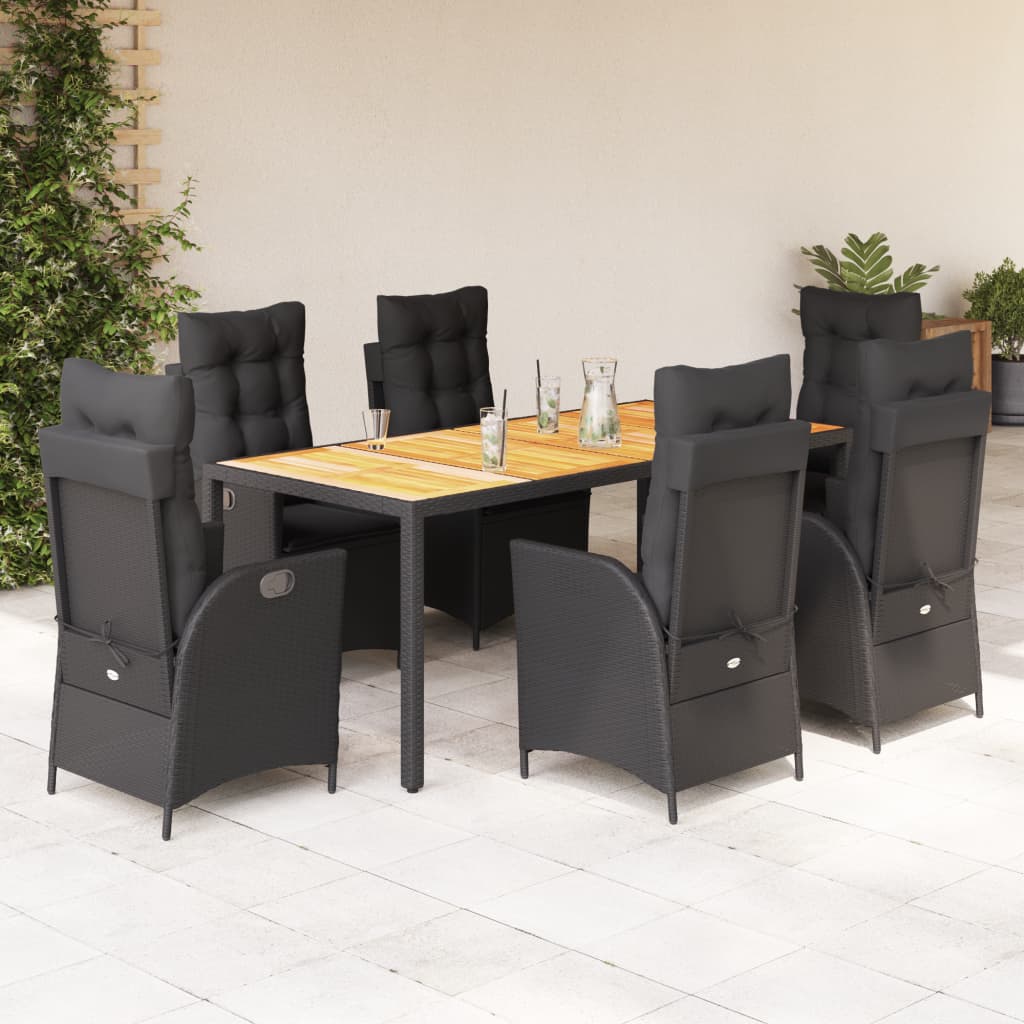 7 részes fekete polyrattan kerti étkezőgarnitúra párnával