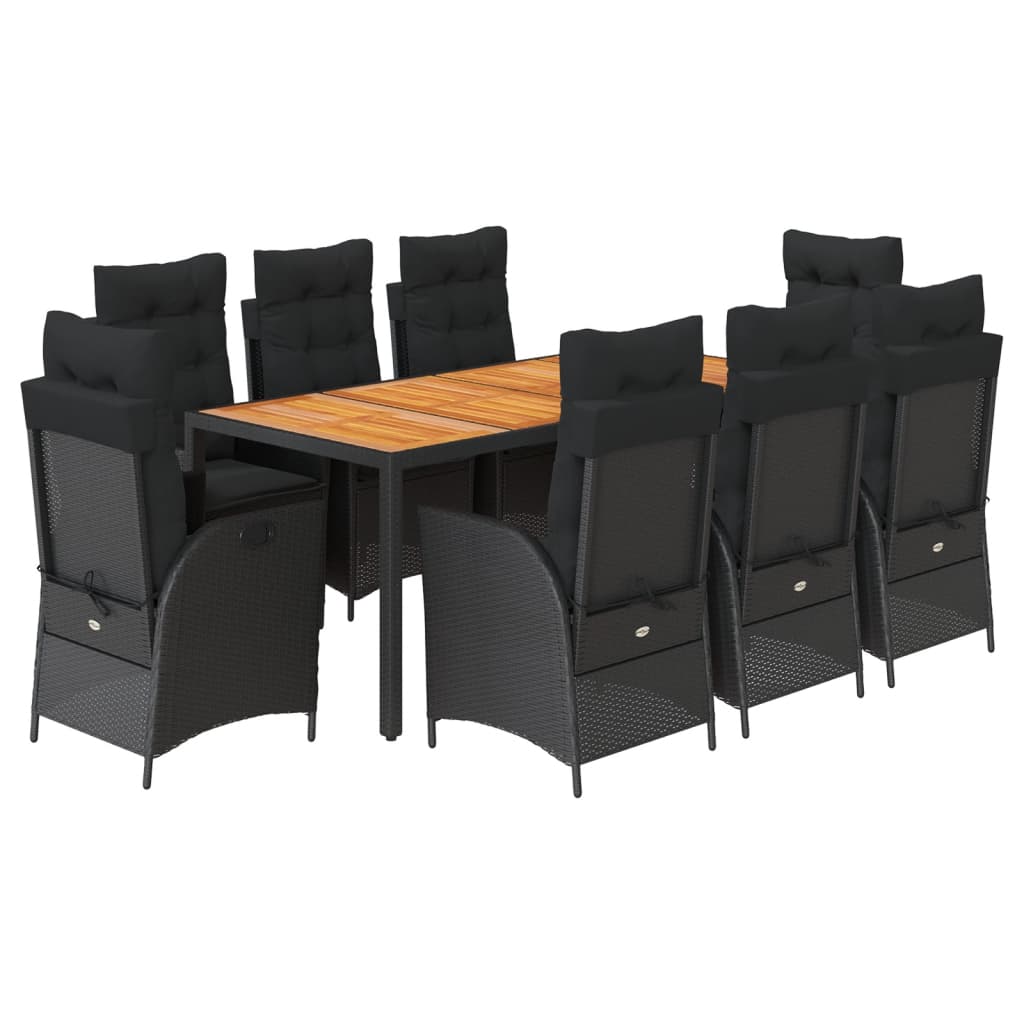 9 részes fekete polyrattan kerti étkezőgarnitúra párnákkal 2