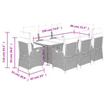 9 részes fekete polyrattan kerti étkezőgarnitúra párnákkal 9