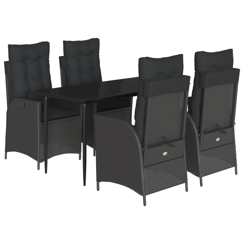 5 részes fekete polyrattan kerti étkezőgarnitúra párnákkal 2