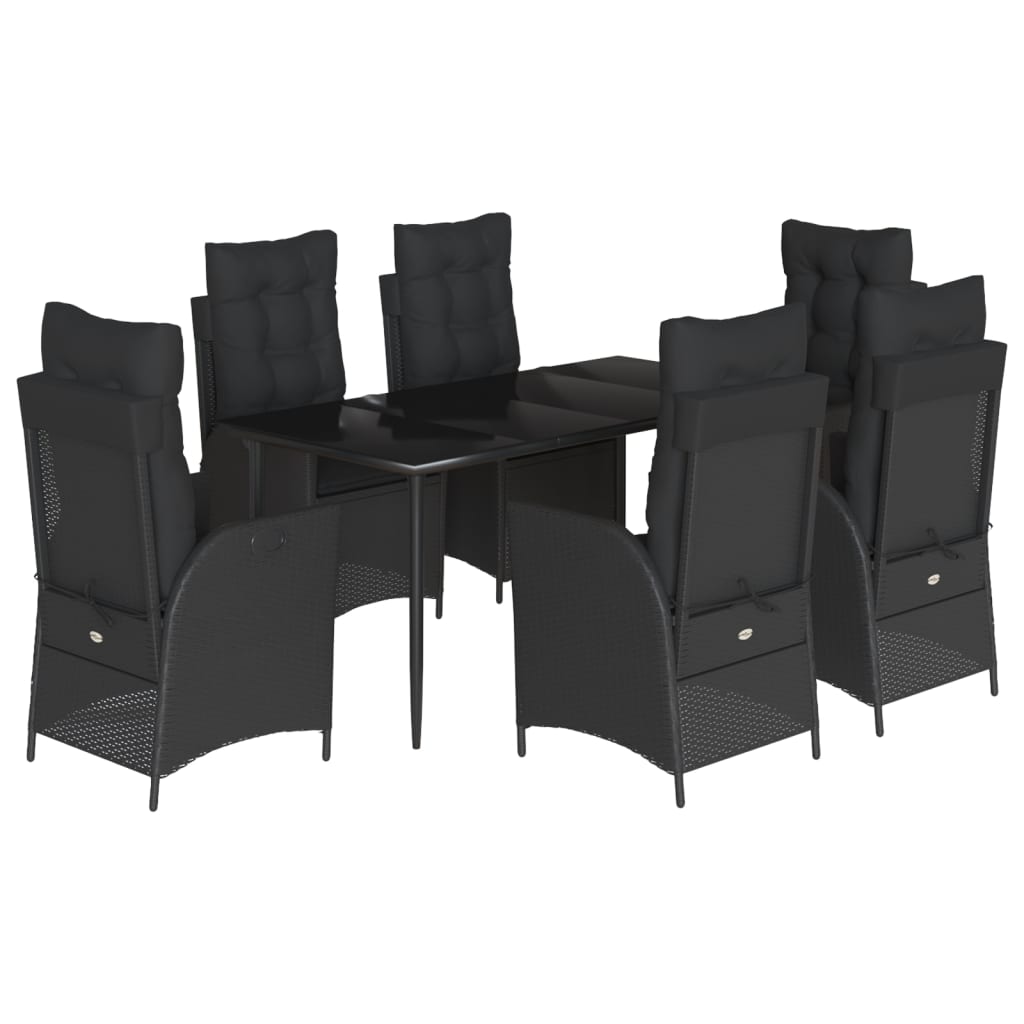 7 részes fekete polyrattan kerti étkezőgarnitúra párnával 2