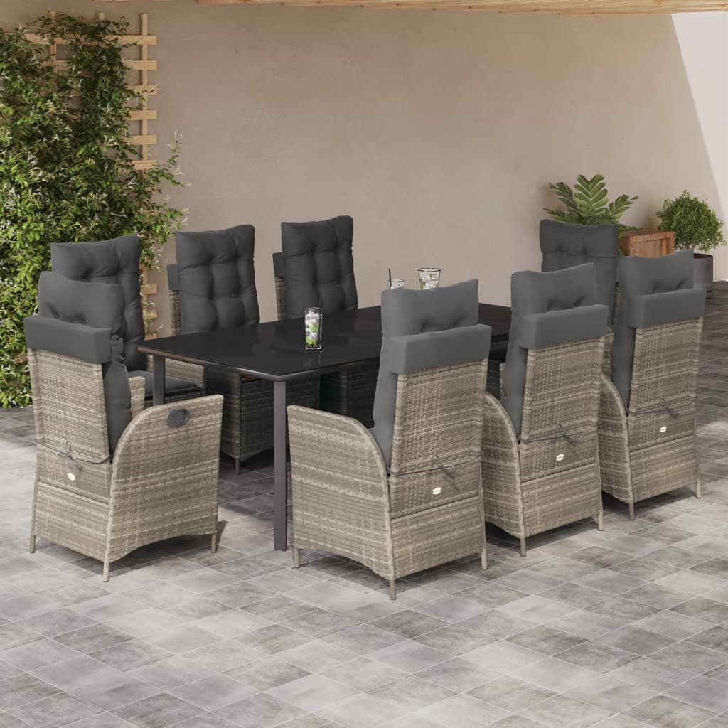 9részes világosszürke polyrattan kerti étkezőgarnitúra párnával