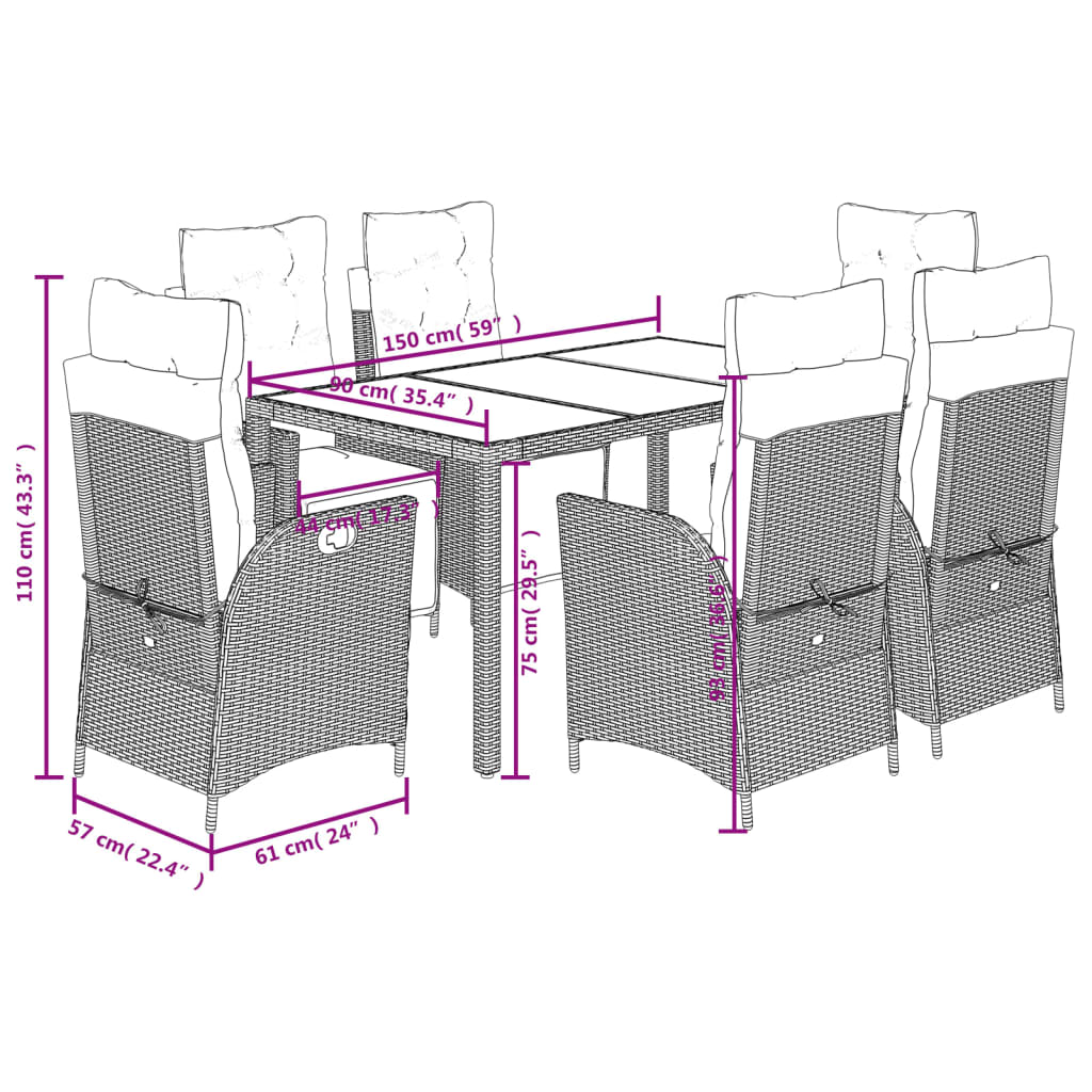 7 részes szürke polyrattan kerti étkezőgarnitúra párnával 9