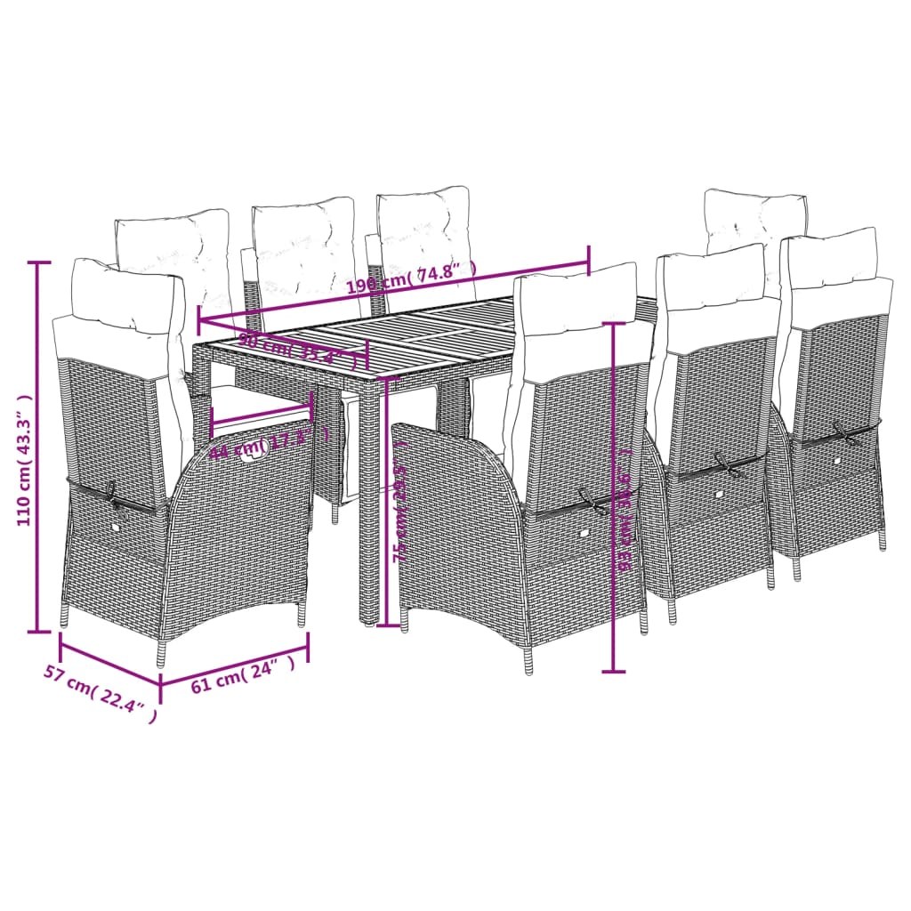9 részes fekete polyrattan kerti étkezőgarnitúra párnákkal 9
