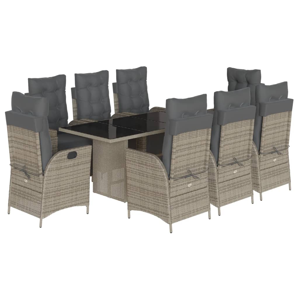 9 részes szürke polyrattan kerti étkezőgarnitúra párnával 2