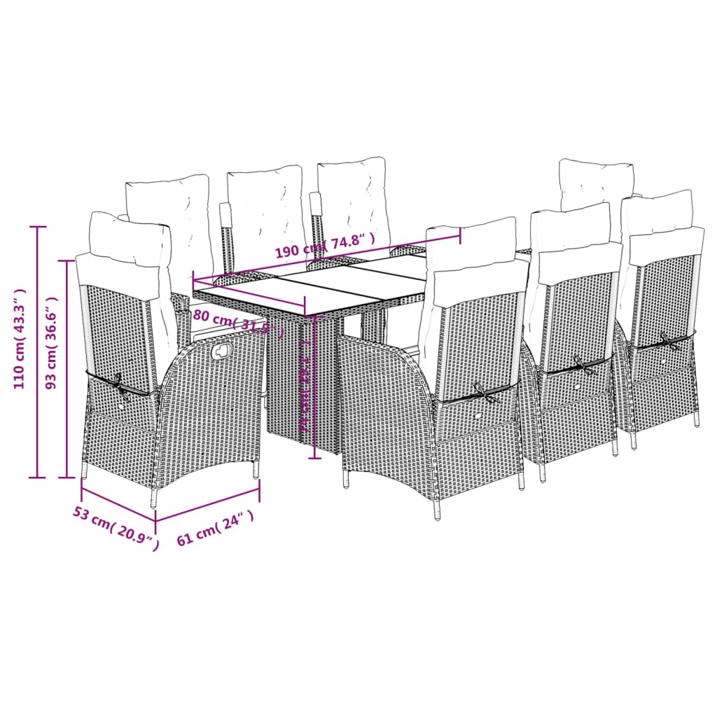 9 részes szürke polyrattan kerti étkezőgarnitúra párnával 9