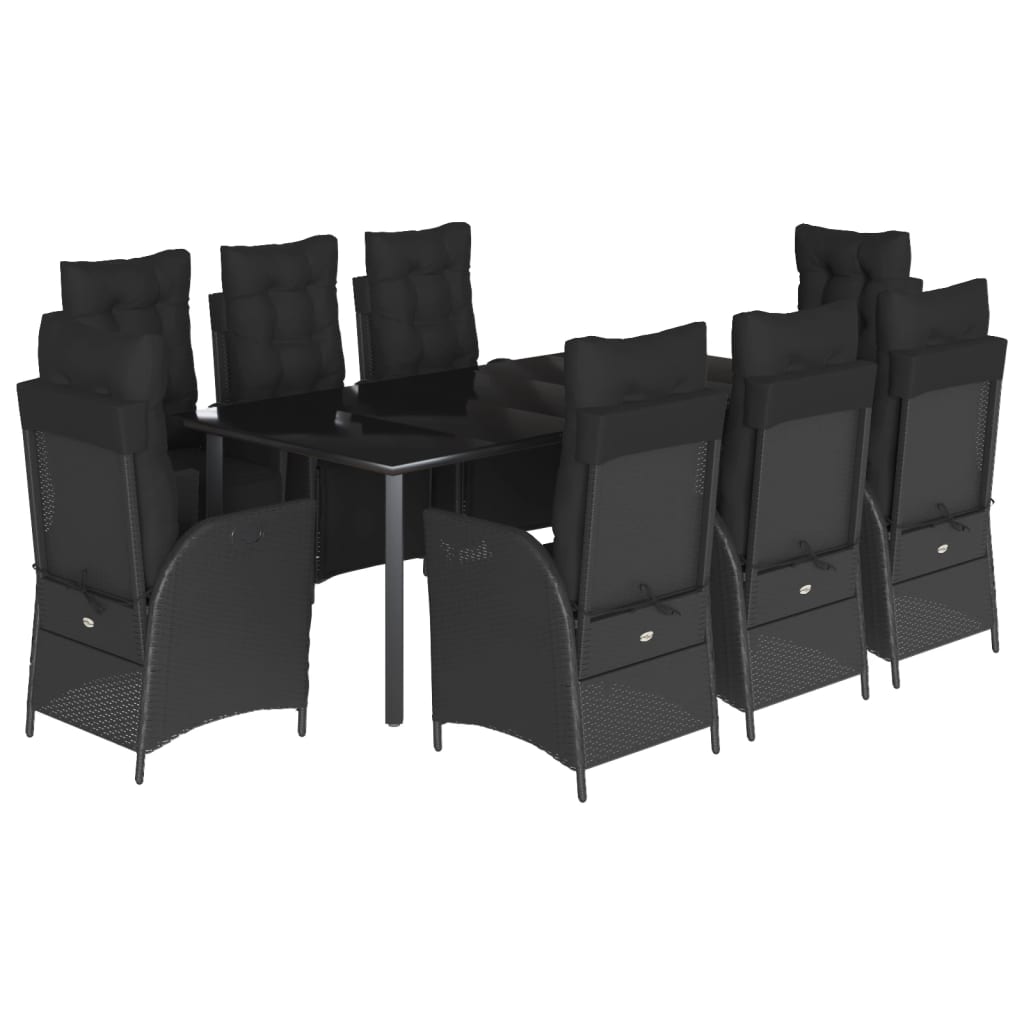 9 részes fekete polyrattan kerti étkezőgarnitúra párnákkal 2