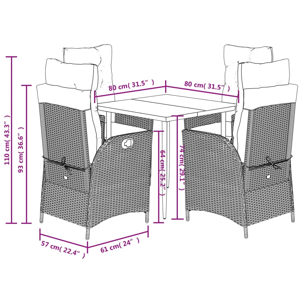 5 részes barna polyrattan kerti étkezőgarnitúra párnákkal 9