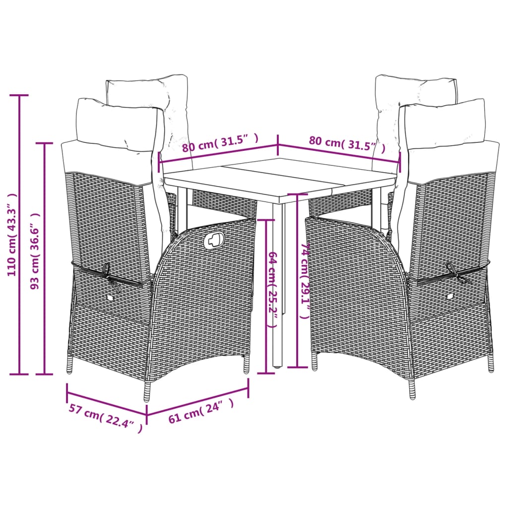 5részes világosszürke polyrattan kerti étkezőgarnitúra párnával 9