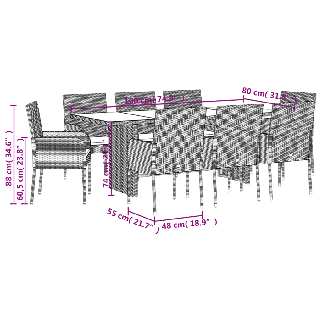 9 részes szürke polyrattan kerti étkezőgarnitúra párnával 7
